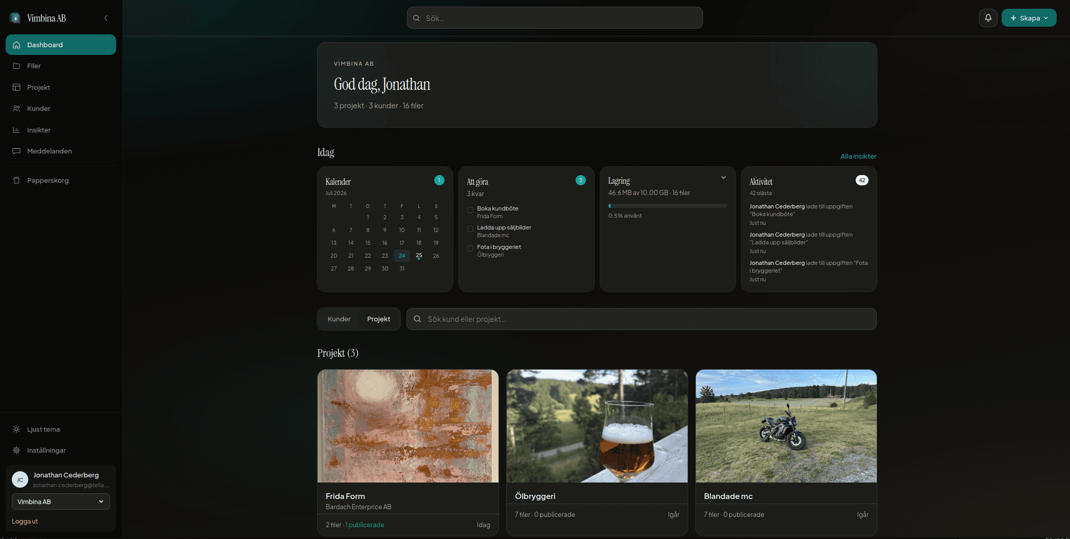 Vimbina studio-dashboard med projektöversikt